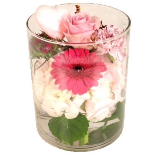 Hydrangea + flowers in glass vase (Mothers Day flowers pink in glass cylinder vase)